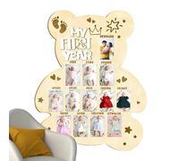 Baby Photo Board - Marco de fotos para el primer cumpleaños, 12 ranuras, con función de exhibición de memoria, marco de fotos de madera para familias de acogida, fiesta de viaje, madera natural