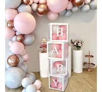 Baby Shower Decoración Caja Kit para Muchacha Niños, 4Pcs Blancas Cuadradas Transparentes Globos Cajas con BABY Letras para Rosa Baby Shower, Cumpleaños Fiesta Decoración