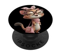 Baby Squirrel Kawaii Character Pink Leopard Glasses Retrato PopSockets PopGrip Adhesivo