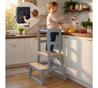 Baby Vivo Torre de Aprendizaje de Madera con Pizarra - Torre Montessori para niños y bebés de 18 Meses a 3 Años para Aprender a Cocinar Learning Tower para Niños en Gris