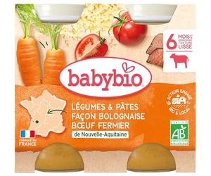 Babybio Pots Légumes/Pâtes Façon Bolognaise au Bœuf Fermier d'Aquitaine/du Limousin Bio 2x200 g