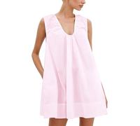 Babydoll con Cuello Redondo para Mujer, Lindo Mini Vestido, Vestido Corto sin Mangas Fluido, Fruncido, Holgado, Vestidos de Verano, con Bolsillos (Rosa,XL)