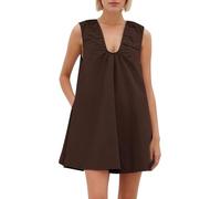Babydoll con Cuello Redondo para Mujer, Lindo Mini Vestido, Vestido Corto sin Mangas Fluido, Fruncido, Holgado, Vestidos de Verano, con Bolsillos (Marrón,S)