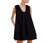 Babydoll con Cuello Redondo para Mujer, Lindo Mini Vestido, Vestido Corto sin Mangas Fluido, Fruncido, Holgado, Vestidos de Verano, con Bolsillos (Negro,XL)