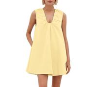 Babydoll con Cuello Redondo para Mujer, Lindo Mini Vestido, Vestido Corto sin Mangas Fluido, Fruncido, Holgado, Vestidos de Verano, con Bolsillos (Amarillo,XL)