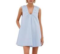 Babydoll con Cuello Redondo para Mujer, Lindo Mini Vestido, Vestido Corto sin Mangas Fluido, Fruncido, Holgado, Vestidos de Verano, con Bolsillos (Azul,S)
