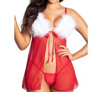 Babydoll Mujer Lencería de Navidad, Camisón Picardía Navideña Pijama Erótika de Malla Semitransparente Conjunto Vestido de Noche Santa Roja Ropa de Dormir con Abertura Frontal (Pluma, Talla única)