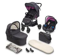BABYGO Cochecito 3 en 1 Styles - Accesorio deportivo y bañera por separado y capazo para coche - Bolsa cambiador/protector de lluvia/colchón, color rosa