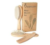 BABYLEDO Juego de 3 cepillos de bebé para recién nacidos y niños pequeños, con pelo de cabra real, cepillo de masaje y peine de madera de haya, ideal como regalo, incluye caja