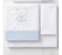 Babyline Sábana Bebé Algodón Orgánico + Bajera Ajustable + Almohada. Bordada. 100% Algodón, Hipoalergénica, Suave, Hilatura Premium. (Teddy Celeste, Minicuna)