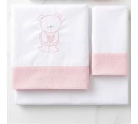 Babyline Sábana Bebé Algodón Orgánico + Bajera Ajustable + Almohada. Bordada. 100% Algodón, Hipoalergénica, Suave, Hilatura Premium. (Teddy Rosa, Maxicuna 70x140)