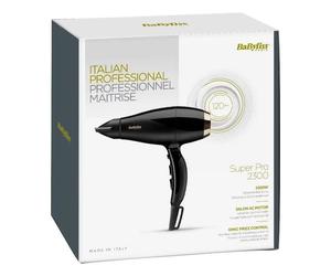 BaByliss Super Pro 2300 2300 W Black Gold professional hair dryer with CE certificate, features fast drying technology and low noise operation for an efficient styling experience.