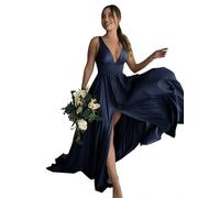 BABYONLINE D.R.E.S.S. Vestido de noche Cóctel Mujer Chic, Largo Tamaño Imperio Escote en V Espalda Desnuda, azul marino, 40