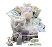 Babyparty - Set de regalo con personalización/manta para bebé, cepillo y peine con nombre + peluche de peluche + otros extras - regalo para bautizo, nacimiento (gris/blanco - juego de jirafa S)
