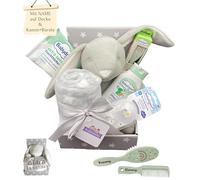 Babyparty - Set de regalo con personalización/manta para bebé, cepillo y peine con nombre + peluche de peluche + otros extras - regalo para bautizo, nacimiento (gris/blanco - conejo Set S)