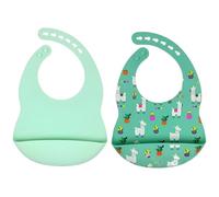 BabyPops | Set de 2 Baberos Silicona Bebe con Bolsillo Atrapa Comida, Ajustables y Resistentes, Baberos Bebé Recién Nacido, Babero Impermeable, Apto Microondas y Lavavajillas, Sin BPA| MENTA - LLAMA