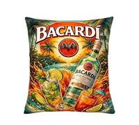 Bacardi Cojín Decorativo con Diseño de Cóctel Tropical, Ron, Fruta y Puesta del Sol, Multicolor, Algodón, Ideal para Bar y Salón