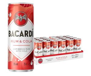 BACARDÍ & Cola es un cóctel enlatado, ALC. 5%, 24 x 25 cl / 250 ml, listo para beber, elaborado con ron BACARDÍ Carta Blanca y mezclado con cola
