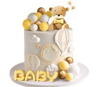 BACH AND BOOZY Decoración de Pastel de Baby Shower: Oso, 'BABY', 15 Bolas, 5 Estrellas - Amarillo y Oro