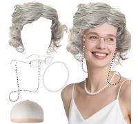 BACH AND BOOZY traje de abuela mujer mayor disfraz accesorios cosplay peluca gorra gafas collar perlas aretes pulsera carnaval fiesta tematica