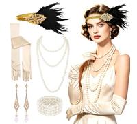 BACH AND BOUJEE 1920s flapper accesorios roaring 20s diadema guantes | Accesorios Flapper años veinte cinta cabeza guantes damas fiesta Nochevieja Halloween 5 piezas