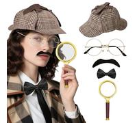 BACH AND BOUJEE Accesorios de disfraz de detective para adultos, hombres y mujeres, accesorios de traje de detective, sombrero de detective marrón, bigote falso de cristal para fiesta de disfraces