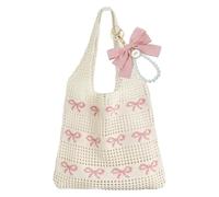 BACH AND BOUJEE bolso de ganchillo beige con moños rosas gran estética playera para mujer tejido de malla boho bandolera