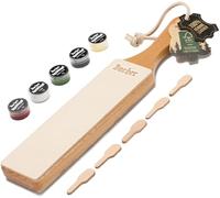 BACHER Premium Asentador de Cuero Strop para Cuchillos Paleta de madera dura cubierta concuero de curtido vegetal de 1/8"de grosor. Incluye un kit de 4 compuestos de afilado.