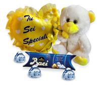 Baci Perugina Idee Regalo - Donna - Peluche Orsacchiotto Con Mimosa Finta + Baci Perugina 87,5 + Cuscino Cuore Con Mimosa - Regalo Festa Della Donna