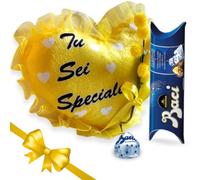 Baci Perugina - Regalo para el Navidad 2024 - Cojín con corazón Amarillo con inscripción de 16 cm + ramita de Mimosa + 37,5 g Baci Perugina - Caja de Regalo