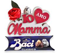 Baci Perugina - Regalo para mamá - Baci Perugina 37,5 g + letras de madera para mamá de 18 cm + rosa roja artificial - Idea de regalo para ella