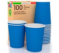 Baciato Caffè 100 vasos de papel de 200 ml, ecológicos, biodegradables, desechables, fabricados en Italia, para llevar bebidas calientes, agua, de colores azules, fabricados y envasados en Italia