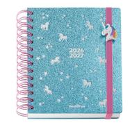Back2Fun - Agenda Escolar 2026 2027 Día Página de 10 Meses, Doble Espiral Metálico, Tamaño 15,5×18 cm, 2 Páginas de Pegatinas y Marcapáginas, Cartón Forrado, Abalorio Para Pulsera, Unicornio