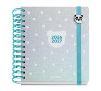 Back2Fun - Agenda Escolar 2026 2027 Día Página de 10 Meses, Doble Espiral Metálico, Tamaño 15,5×18 cm, 2 Páginas de Pegatinas y Marcapáginas, Cartón Forrado, Abalorio Para Pulsera, Panda
