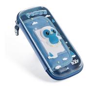 Back2Fun - Estuche Escolar Transparente, Portatodo Infantil con Organizador Elástico, Compartimento con Malla y Horario Escolar, Cremallera y Tirador de Silicona, Diseño en Relieve, Pingüino
