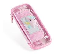 Back2Fun - Estuche Escolar Transparente, Portatodo Infantil con Organizador Elástico, Compartimento con Malla y Horario Escolar, Cremallera y Tirador de Silicona, Diseño en Relieve, Unicornio