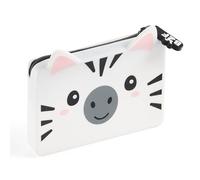Back2Fun - Tarjetero Infantil con Bolsillo Exterior para una Tarjeta de Transporte, Portatodo de Silicona Multiusos: Llaves, Monedas o Pequeños Objetos, Orejitas en Relieve, Estilo Kawaii, Cebra