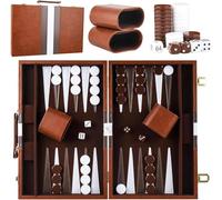 Backgammon Maleta de madera de 15 pulgadas, 2 jugadores, clásico juego de backgammon de viaje con funda de piel de alta calidad portátil y con cubo para campistas y fans de viajes