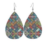 Background - Pendientes colgantes de cuero con estampado geométrico, joyería reversible con ganchos chapados en plata
