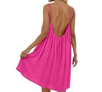 Backless Cami Dress for Women Linen Open Back House Lounge Loose Dresses Spaghetti Strap Summer Beach Flowy Sundress (Rose Red,M)