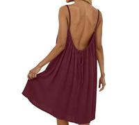 Backless Cami Dress for Women Linen Open Back House Lounge Loose Dresses Spaghetti Strap Summer Beach Flowy Sundress (Burgundy,L)