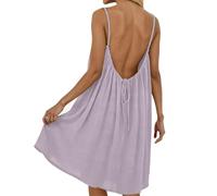Backless Cami Dress for Women Linen Open Back House Lounge Loose Dresses Spaghetti Strap Summer Beach Flowy Sundress (Light Purple,L)