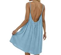 Backless Cami Dress for Women Linen Open Back House Lounge Loose Dresses Spaghetti Strap Summer Beach Flowy Sundress (Light Blue,XXL)