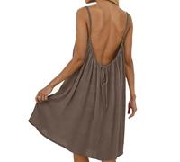 Backless Cami Dress for Women Linen Open Back House Lounge Loose Dresses Spaghetti Strap Summer Beach Flowy Sundress (Coffee,XXL)