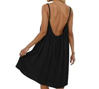 Backless Cami Dress for Women Linen Open Back House Lounge Loose Dresses Spaghetti Strap Summer Beach Flowy Sundress (Black,M)