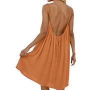 Backless Cami Dress for Women Linen Open Back House Lounge Loose Dresses Spaghetti Strap Summer Beach Flowy Sundress (Orange,S)