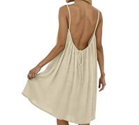 Backless Cami Dress for Women Linen Open Back House Lounge Loose Dresses Spaghetti Strap Summer Beach Flowy Sundress (Apricot,L)