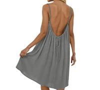 Backless Cami Dress for Women Linen Open Back House Lounge Loose Dresses Spaghetti Strap Summer Beach Flowy Sundress (Gray,M)