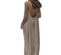 Backless Cami Dress, Spaghetti Strap Solid Color Flowy Lounge House Dress, Casual Beach Vacation Swimsuit Coverup (Brown,L)