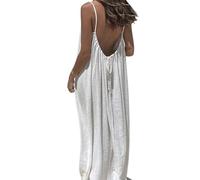Backless Cami Dress, Spaghetti Strap Solid Color Flowy Lounge House Dress, Casual Beach Vacation Swimsuit Coverup (White,L)